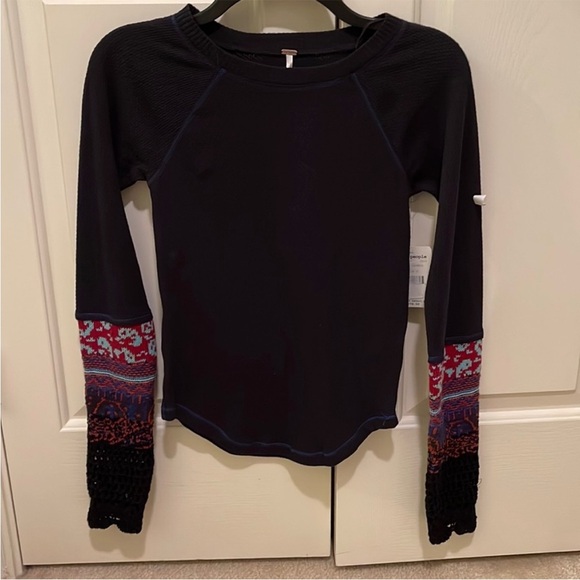 Free People In The Mix Patchwork Cuff Black Thermal Tee S Black Combo - Picture 4 of 16